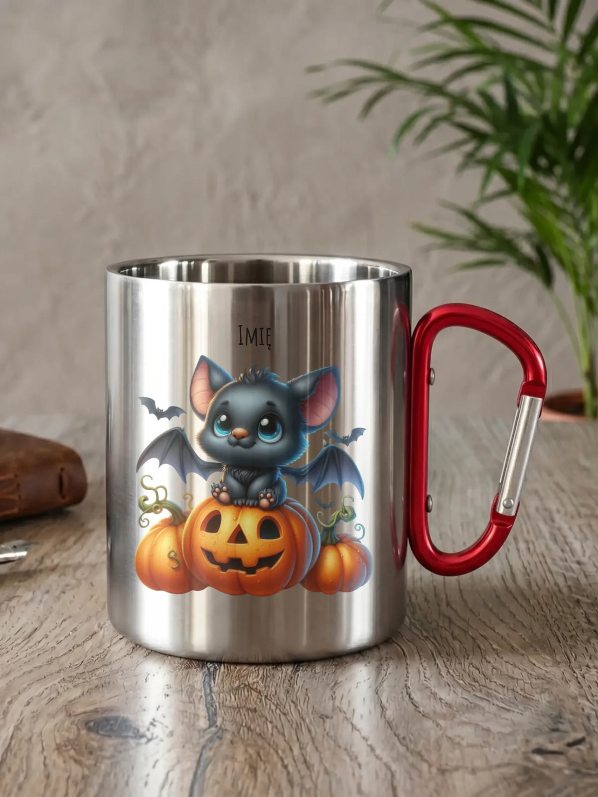 Kubek metalowy halloweenowy - Słodki nietoperz z dynią - personalizowany HL09