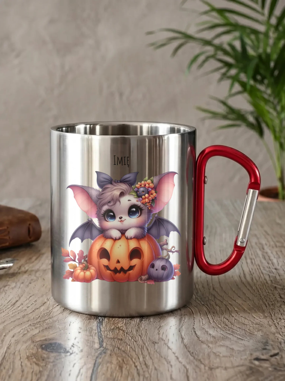 Kubek metalowy halloweenowy - Uroczy nietoperz z dynią - personalizowany HL08