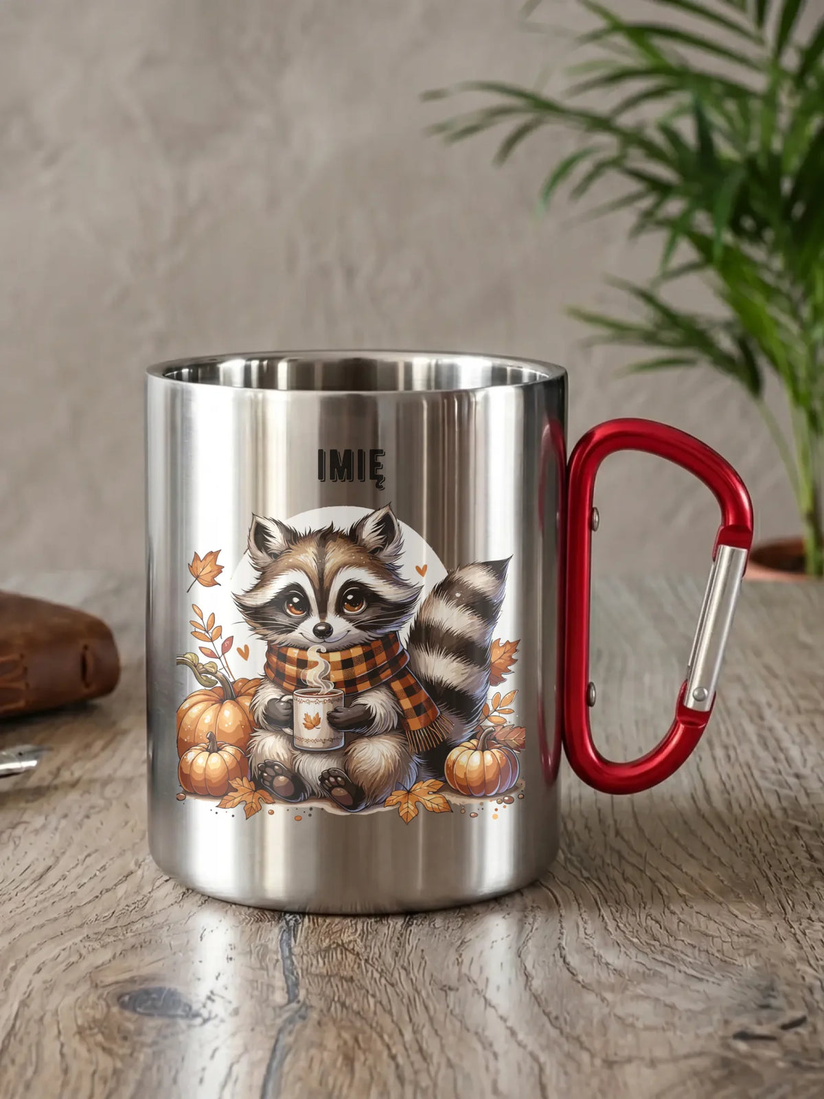 Kubek metalowy jesienny – Szop z kawą i dyniami - personalizowany JS16