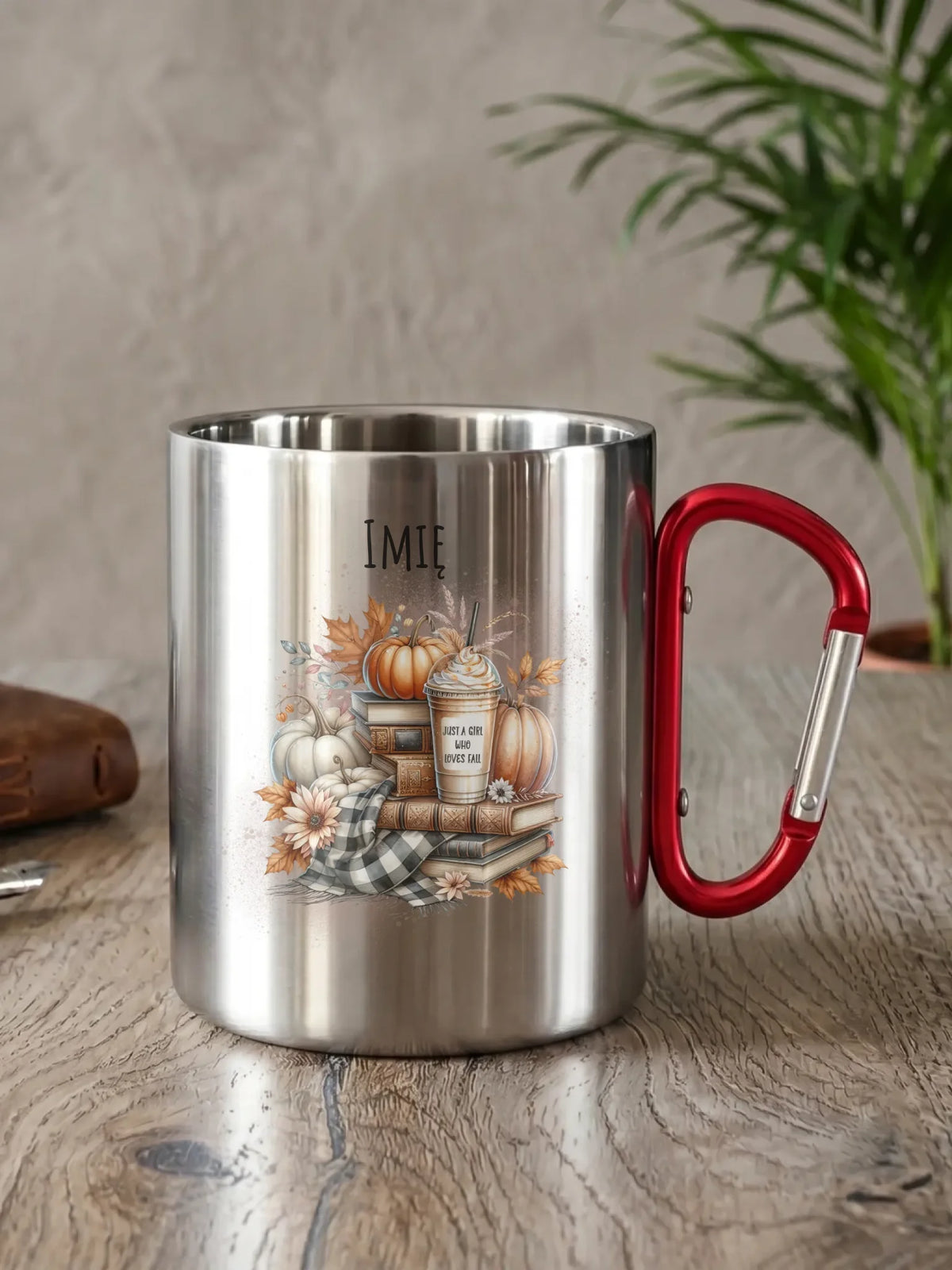 Kubek metalowy jesienny - Książkara - personalizowany JS14