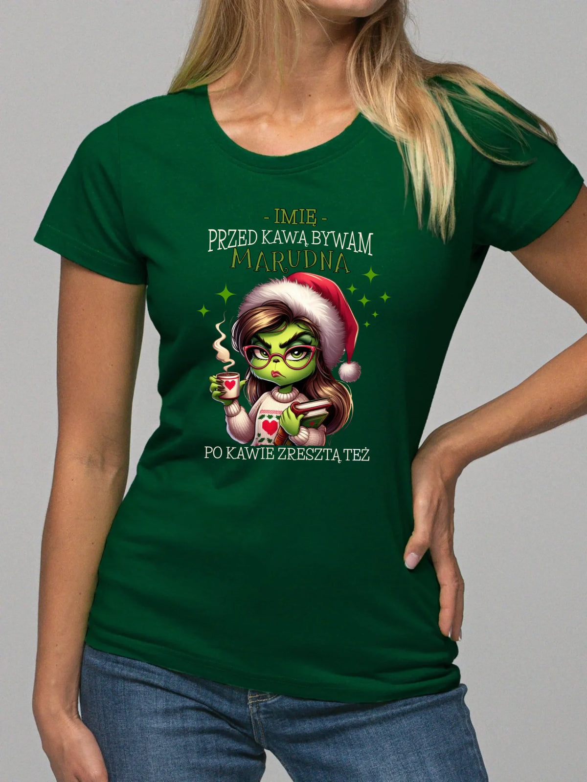 Koszulka damska świąteczna - Grinch - Przed kawą bywam marudna - personalizowana BN116