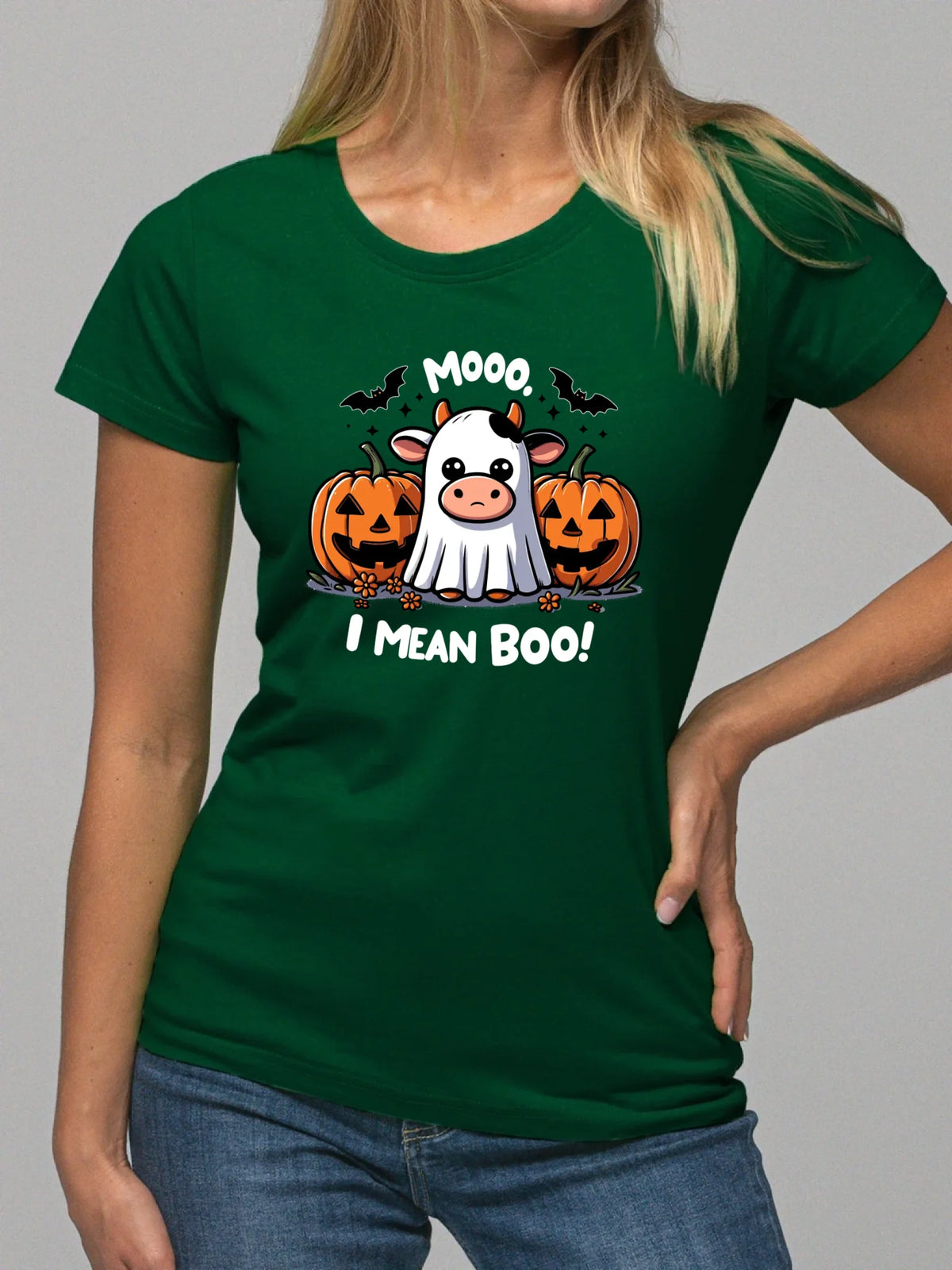 Koszulka damska na Halloween - Mooo I mean Boo! - z dynią i duchem HL14