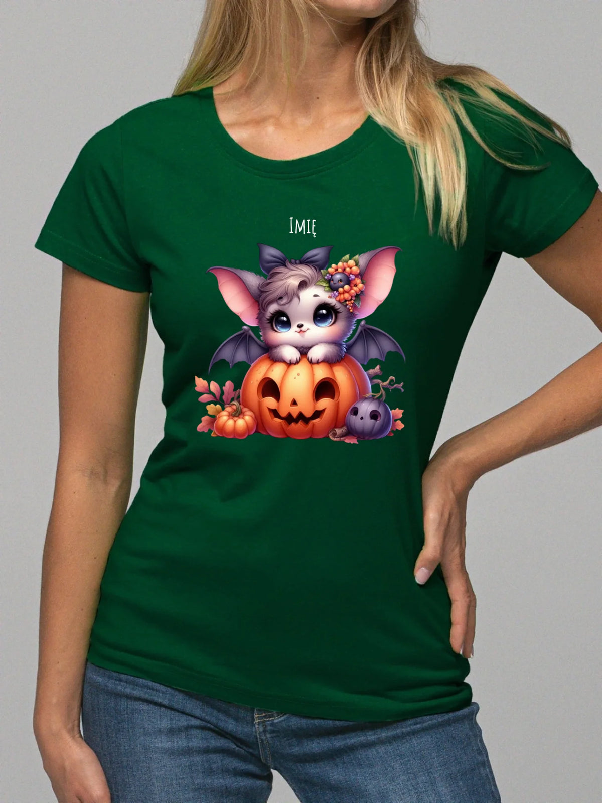 Koszulka damska halloweenowa - Uroczy nietoperz z dynią - personalizowana HL08