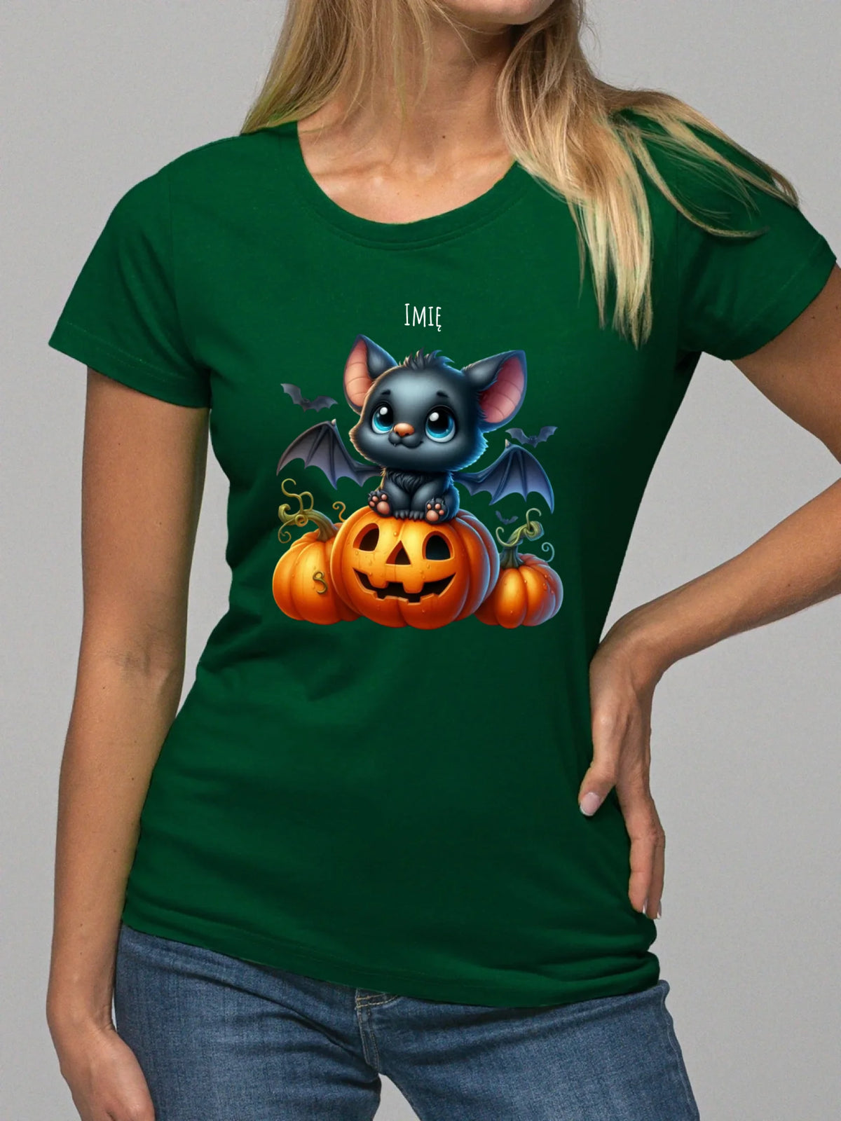 Koszulka damska halloweenowa - Słodki nietoperz z dynią - personalizowana HL09