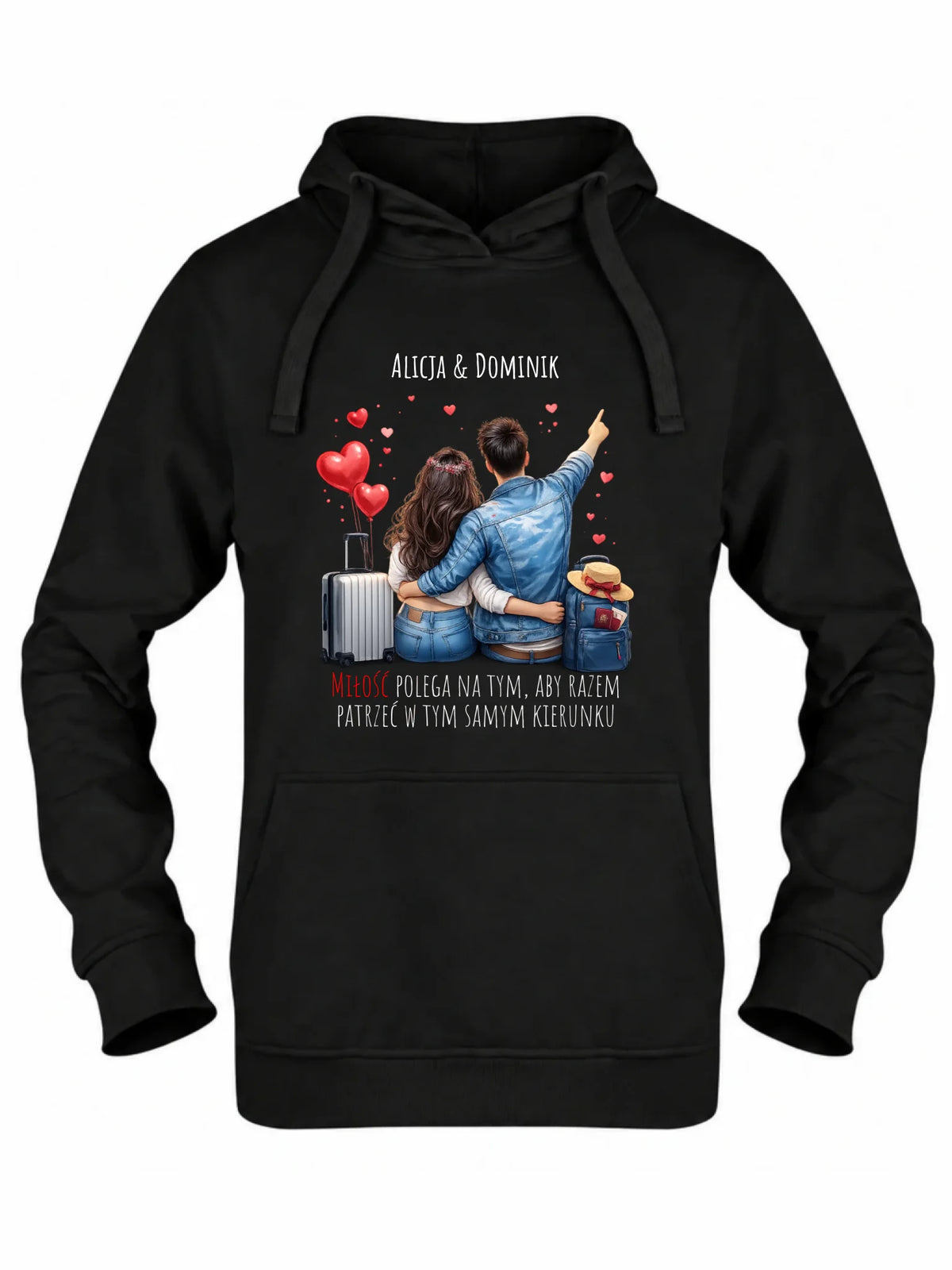 Bluza damska z kapturem dla par - Para w podróży miłość - personalizowana W12