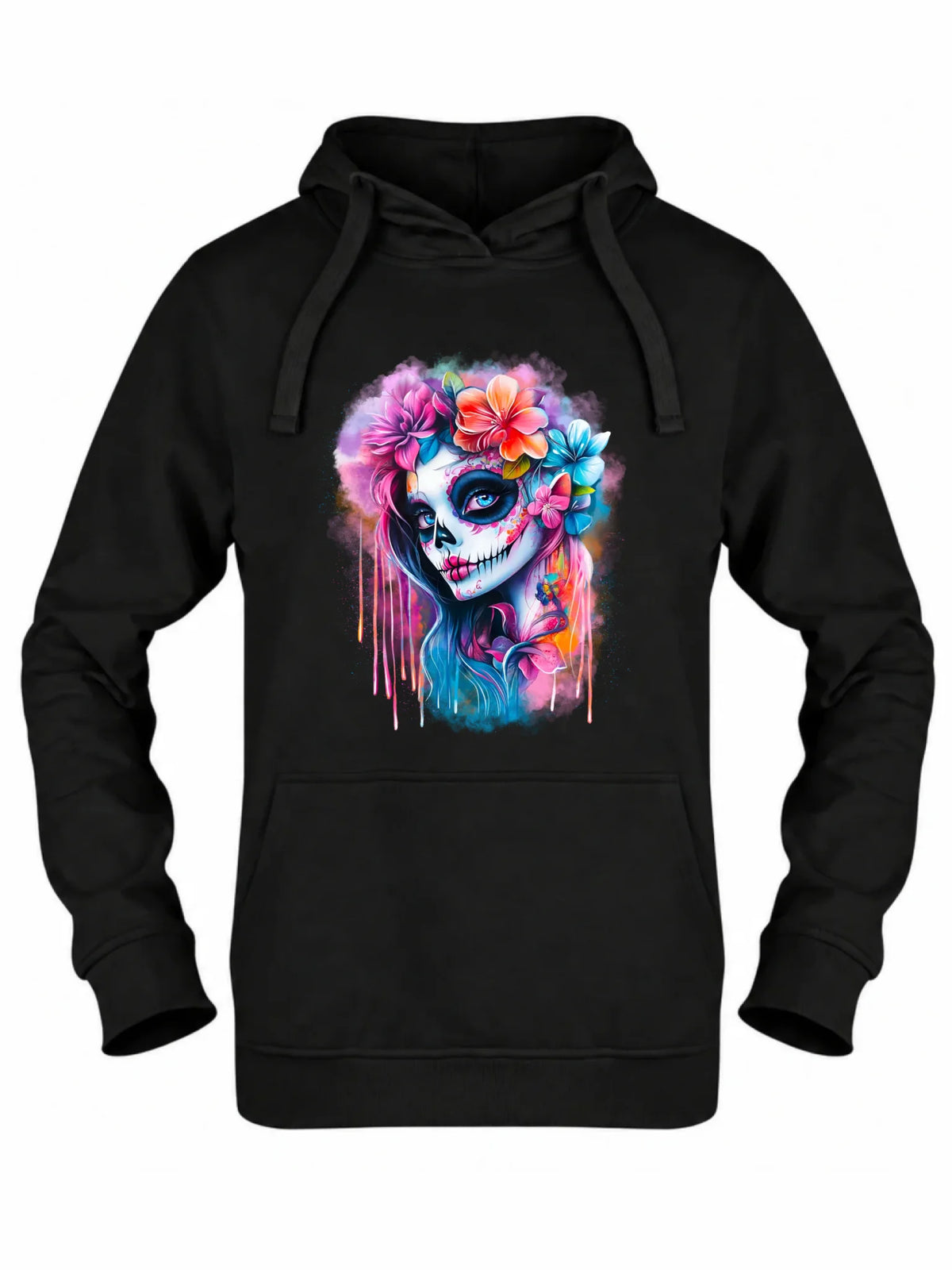 Bluza damska z kapturem Halloween - kolorowa czaszka z kwiatami La Muerte HL05
