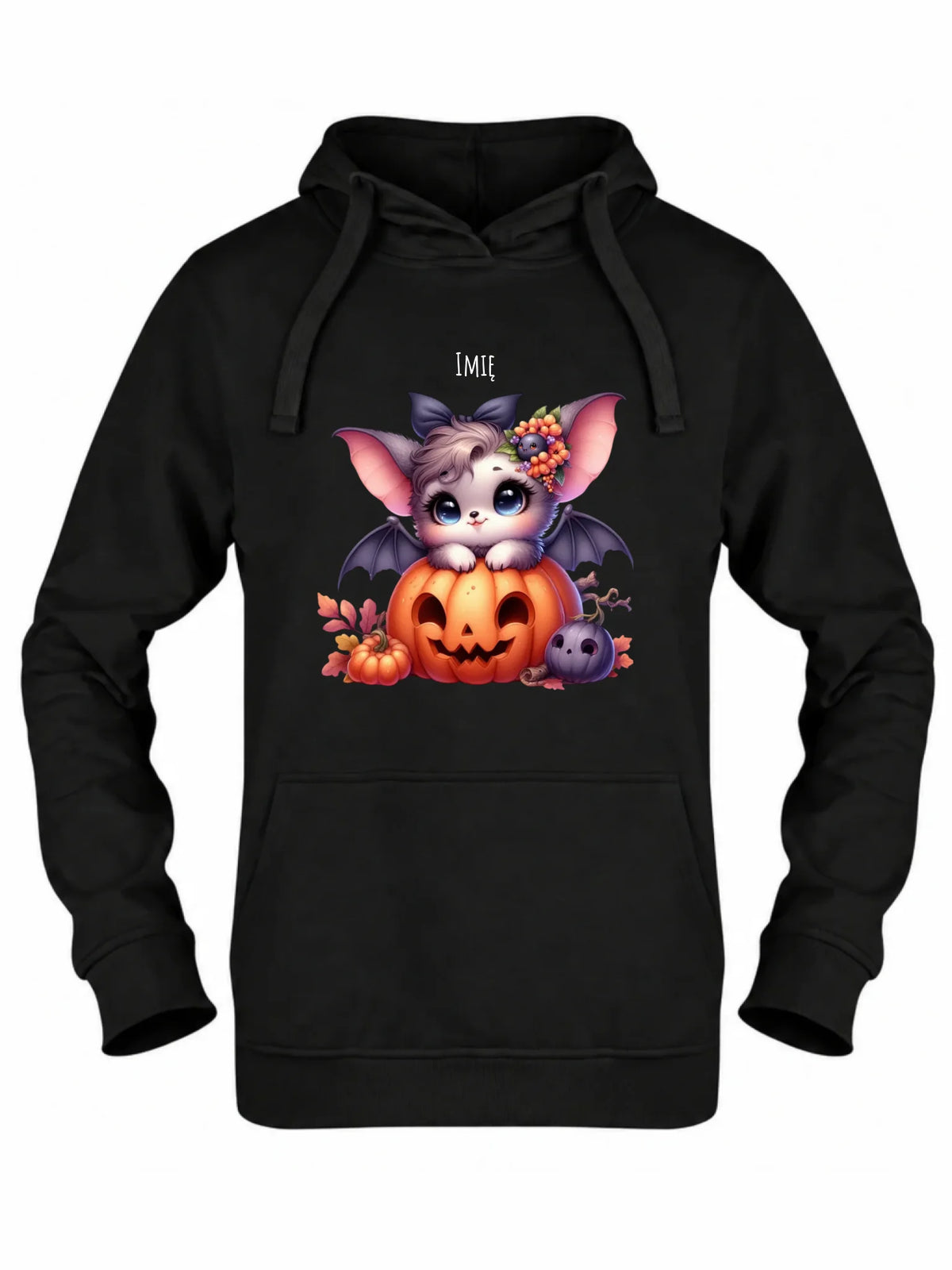 Bluza damska z kapturem halloweenowa - Uroczy nietoperz z dynią - personalizowana HL08