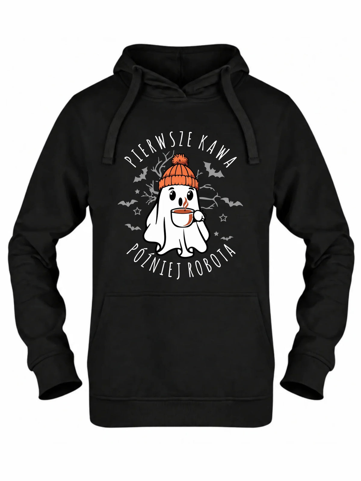 Bluza damska z kapturem na Halloween - Duch z kawą - Pierwsze kawa później robota HL01