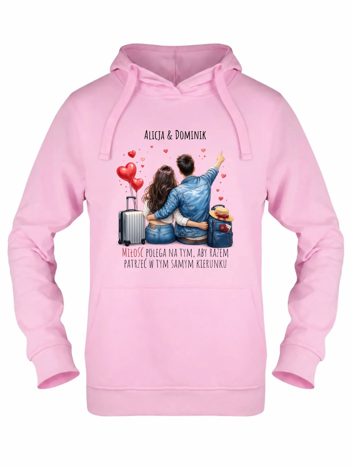 Bluza damska z kapturem dla par - Para w podróży miłość - personalizowana W12