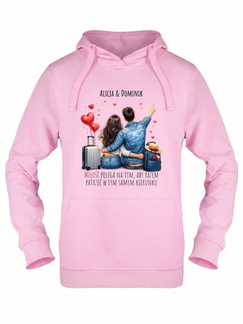 Bluza damska z kapturem dla par - Para w podróży miłość - personalizowana W12