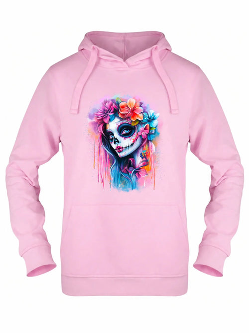 Bluza damska z kapturem Halloween - kolorowa czaszka z kwiatami La Muerte HL05
