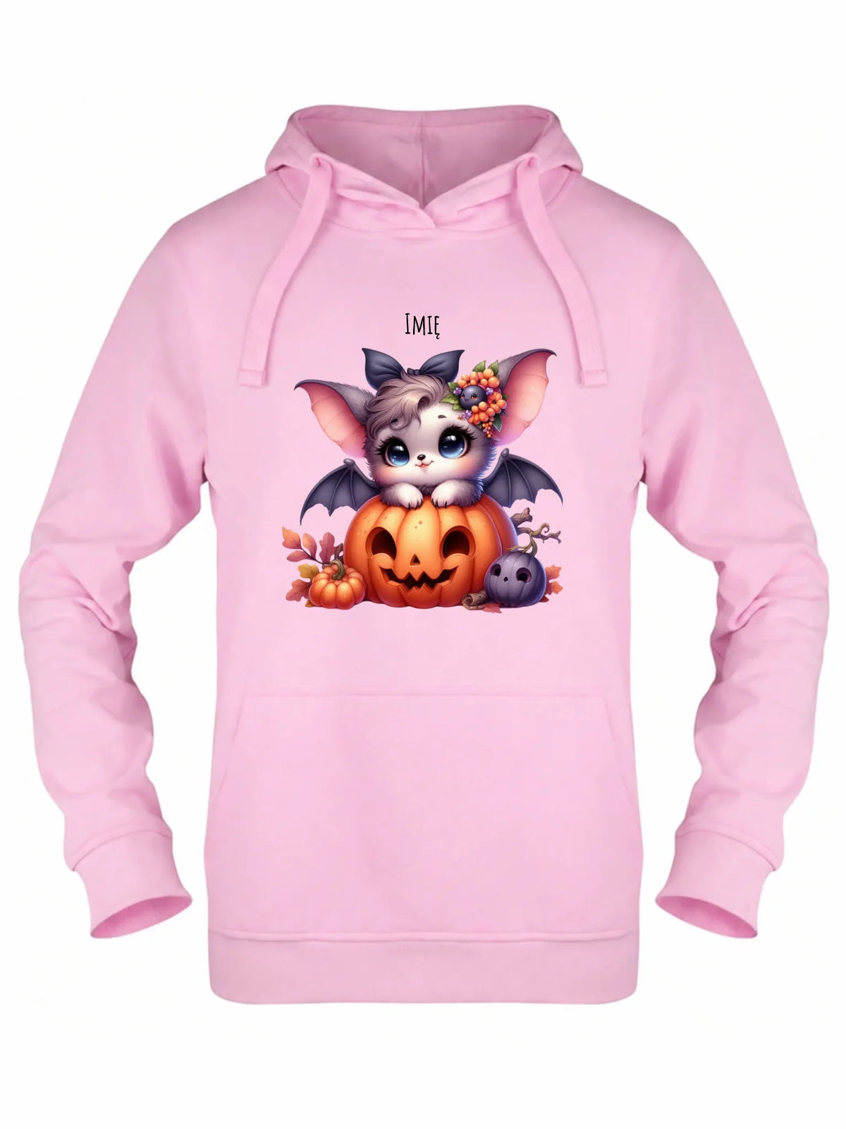 Bluza damska z kapturem halloweenowa - Uroczy nietoperz z dynią - personalizowana HL08