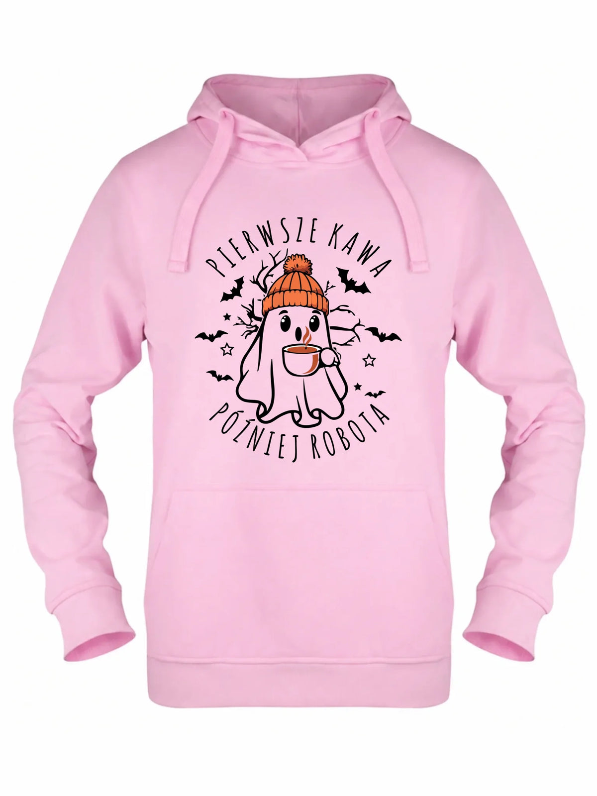 Bluza damska z kapturem na Halloween - Duch z kawą - Pierwsze kawa później robota HL01