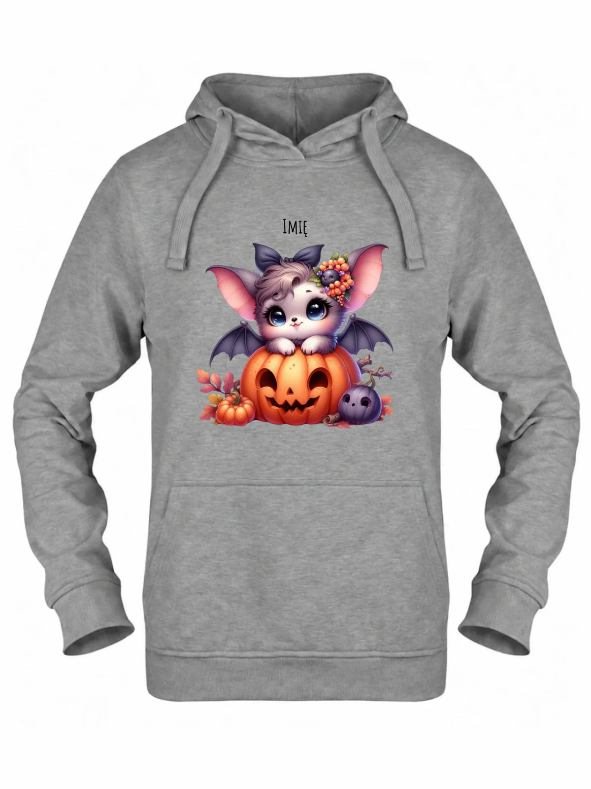 Bluza damska z kapturem halloweenowa - Uroczy nietoperz z dynią - personalizowana HL08