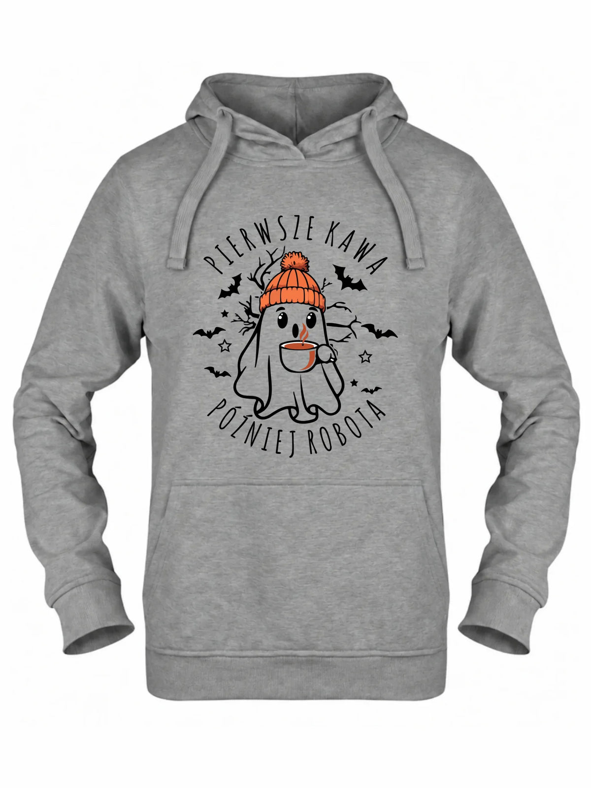 Bluza damska z kapturem na Halloween - Duch z kawą - Pierwsze kawa później robota HL01