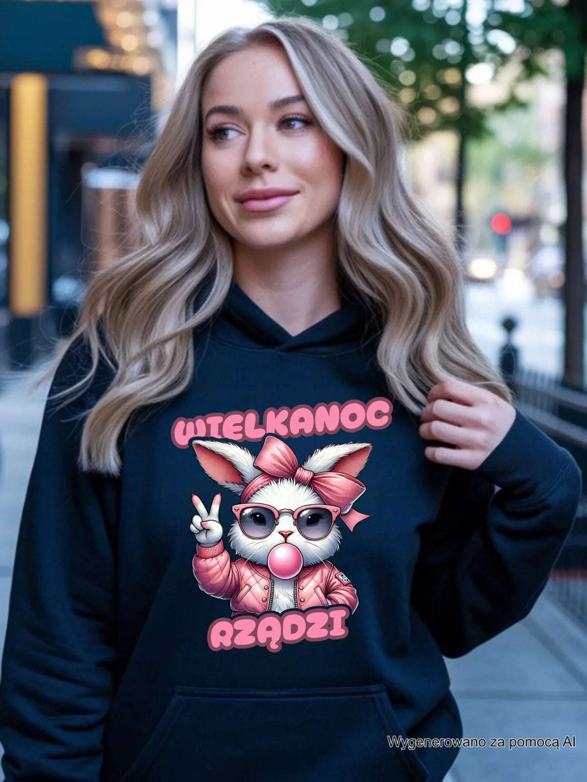 Bluza damska z kapturem wielkanocna – Stylowy królik w okularach Wielkanoc rządzi WN18
