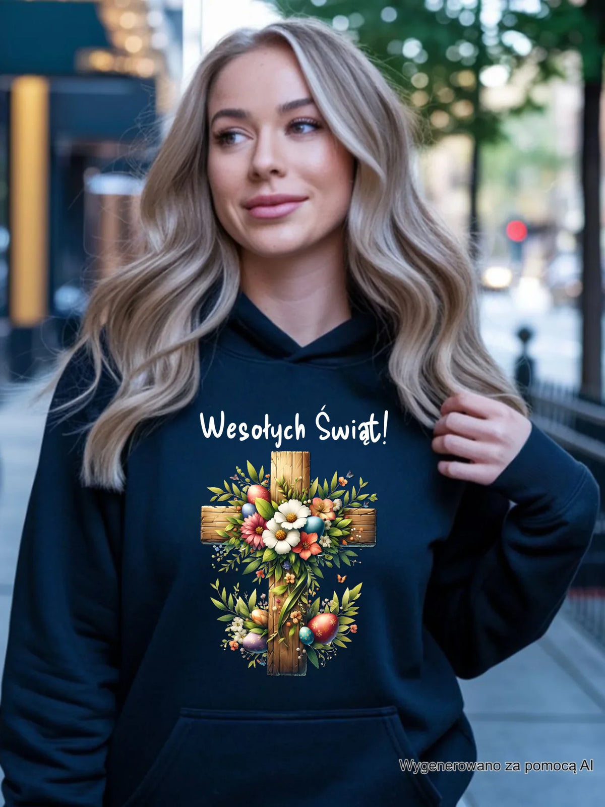 Bluza damska z kapturem na Wielkanoc - Krzyż z kwiatami Wesołych Świąt WN02