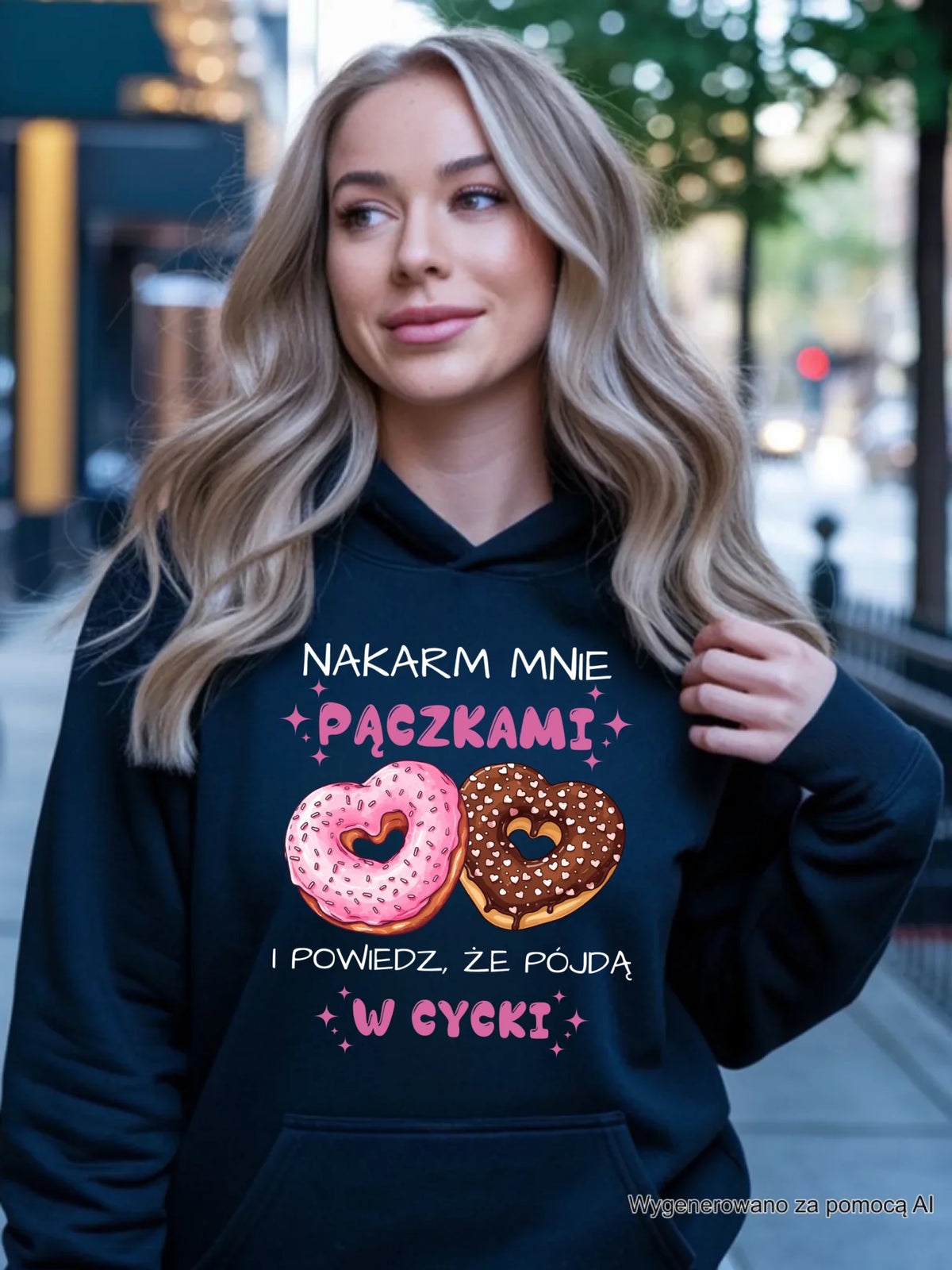 Bluza damska z kapturem - Nakarm mnie pączkami W59