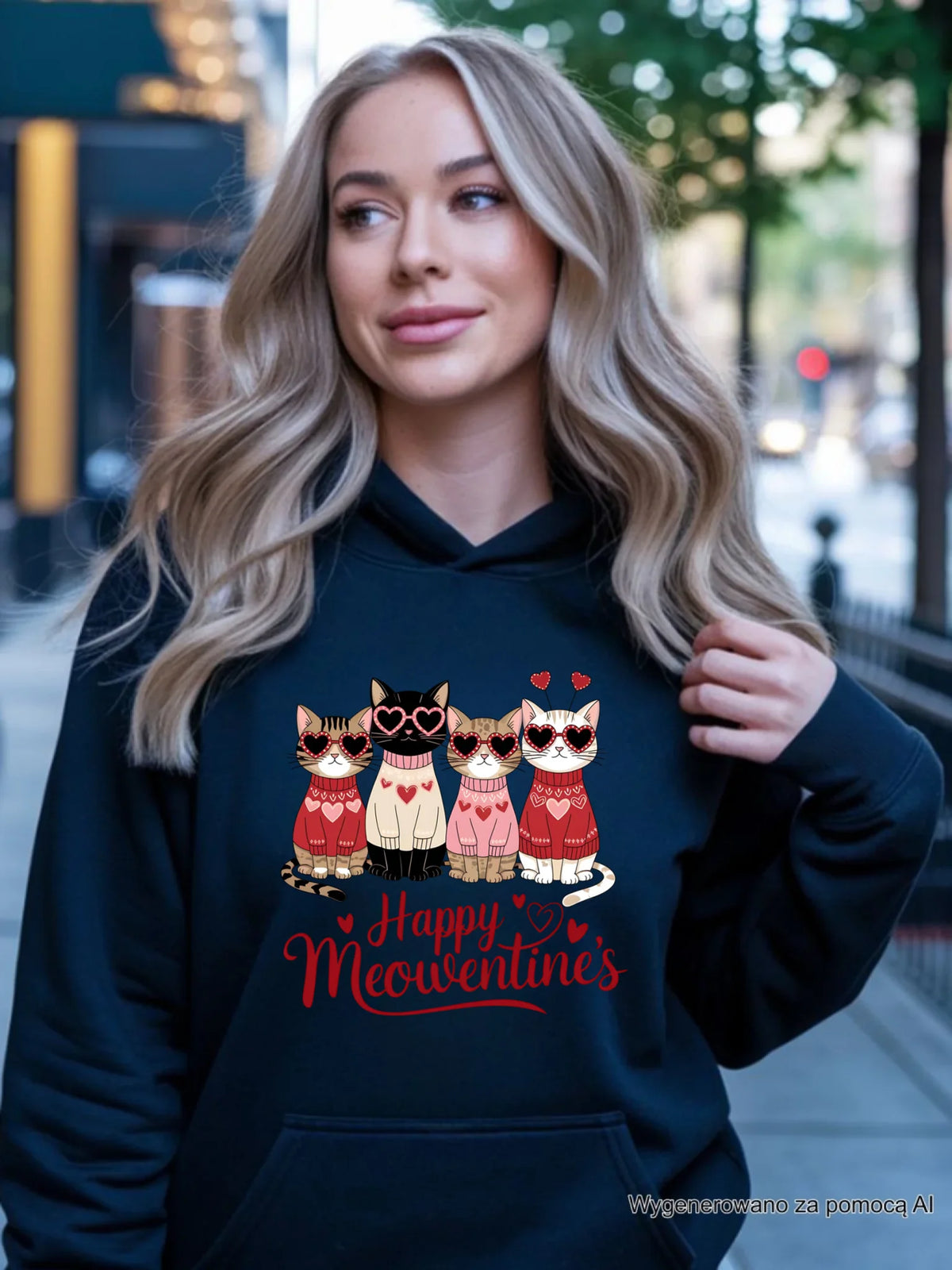 Bluza damska z kapturem na Walentynki dla kociary - Happy Meowentine's W25
