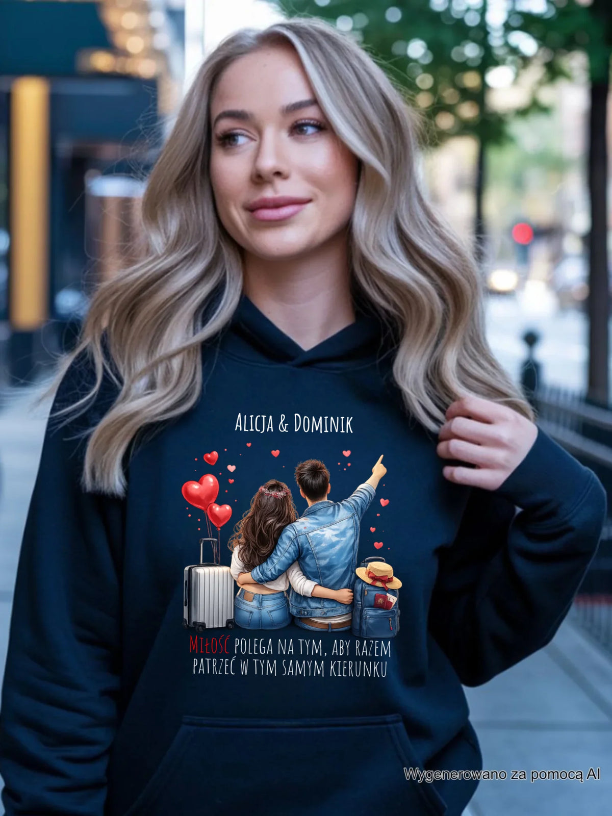 Bluza damska z kapturem dla par - Para w podróży miłość - personalizowana W12
