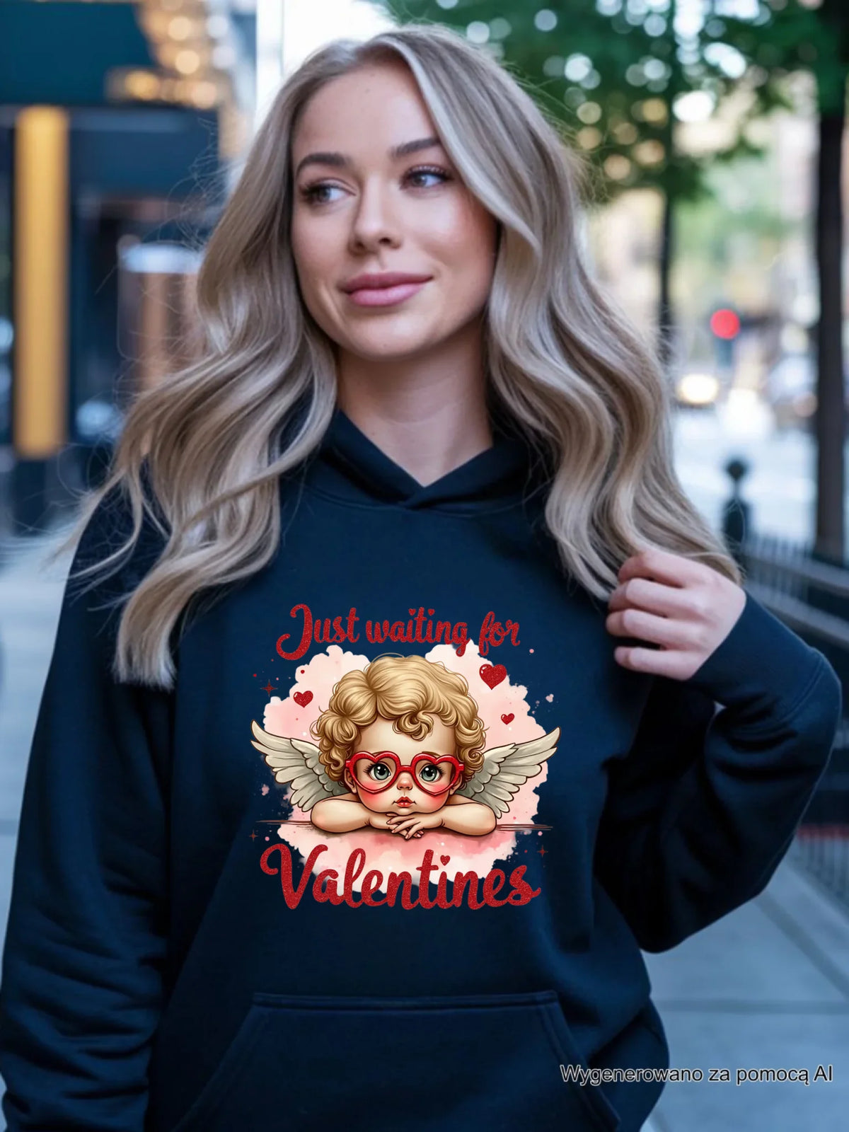Bluza damska z kapturem na Walentynki - Just waiting for Valentines W24