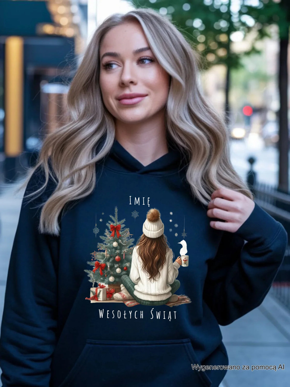 Bluza damska z kapturem świąteczna - Dziewczyna przy choince - personalizowana BN15