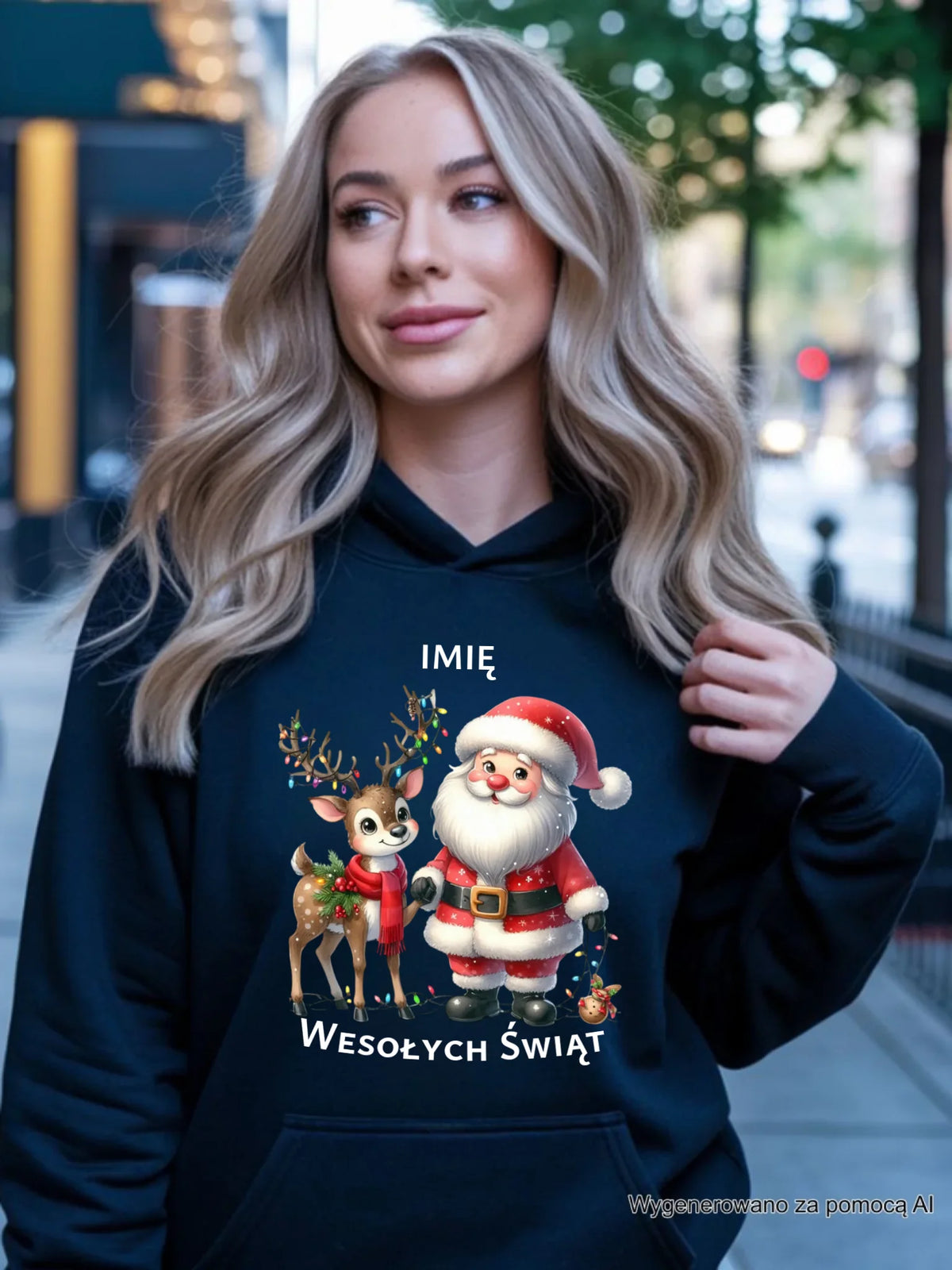 Bluza damska z kapturem świąteczna - Mikołaj z reniferem - personalizowana BN09