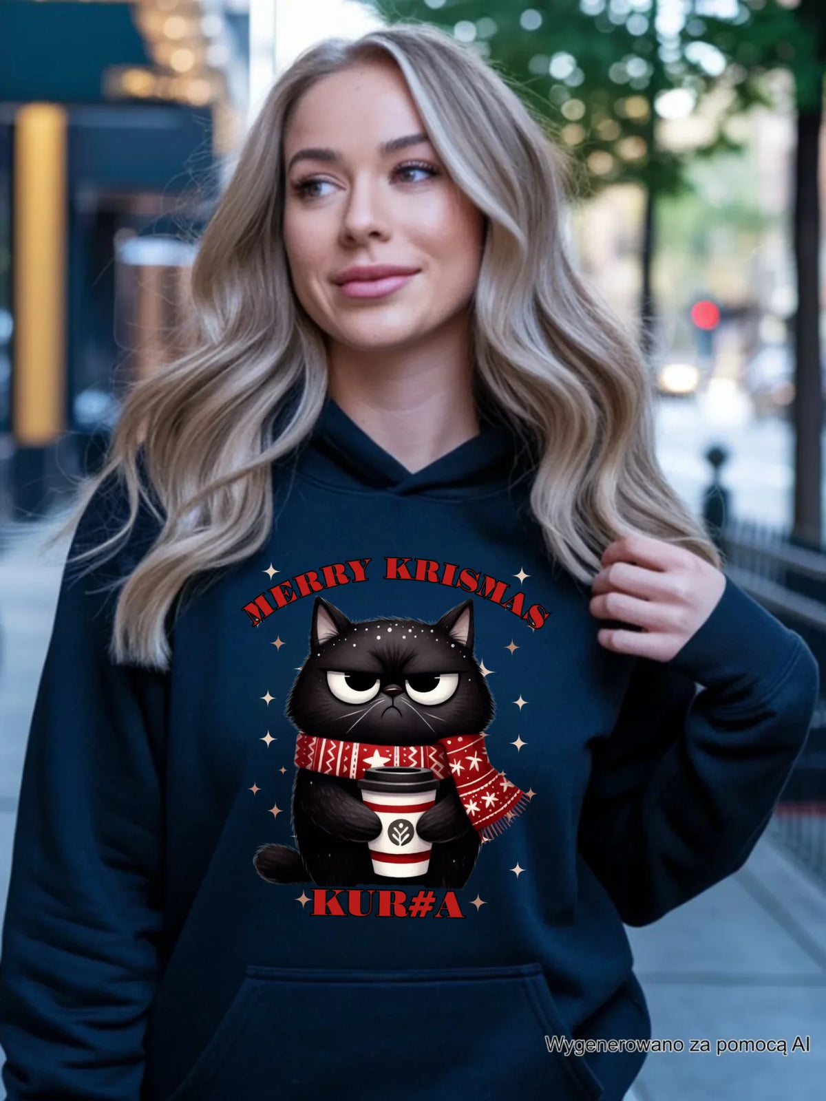 Bluza damska z kapturem świąteczna - Zburczany kot Merry Krismas kur#a - bez cenzury BN34
