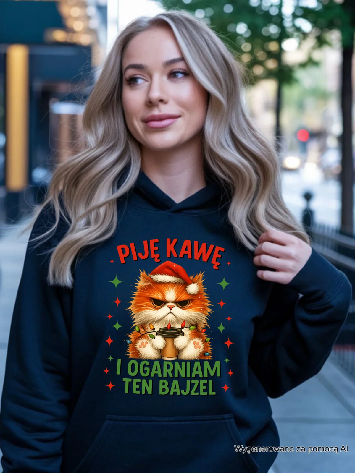 Bluza damska z kapturem świąteczna - Kot Piję kawę i ogarniam ten bajzel BN39
