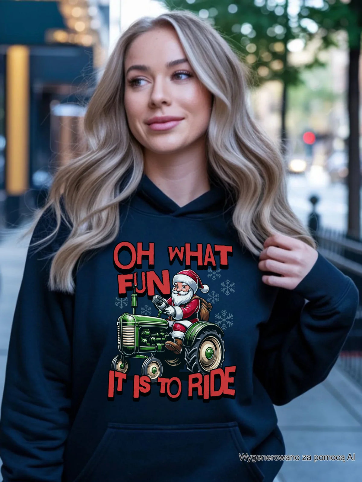 Bluza damska z kapturem świąteczna - Mikołaj na traktorze - Oh what fun BN48