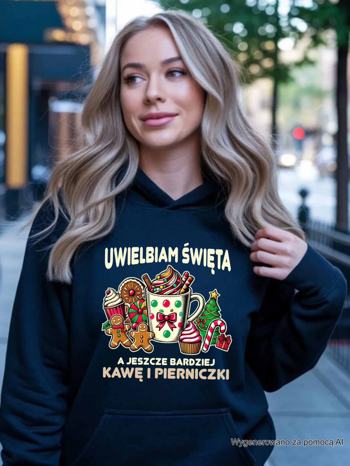 Bluza damska z kapturem świąteczna - Uwielbiam święta kawę i pierniczki BN47