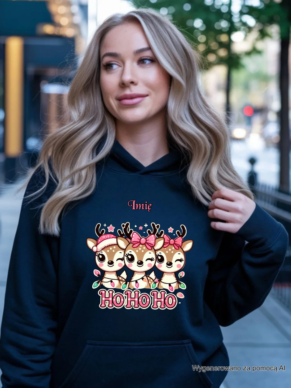 Bluza damska z kapturem świąteczna - Ho ho ho Słodkie reniferki - personalizowana BN49