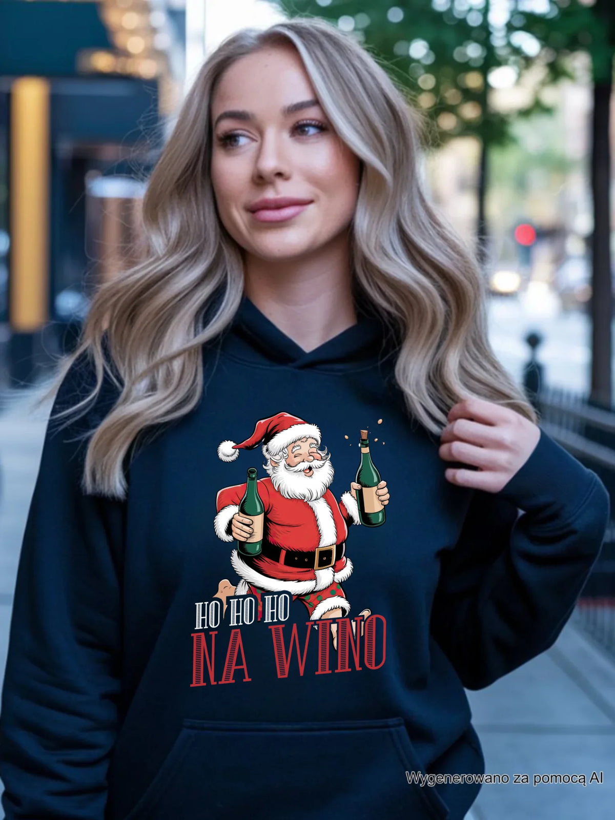 Bluza damska z kapturem świąteczna - Mikołaj Ho ho ho na wino BN61