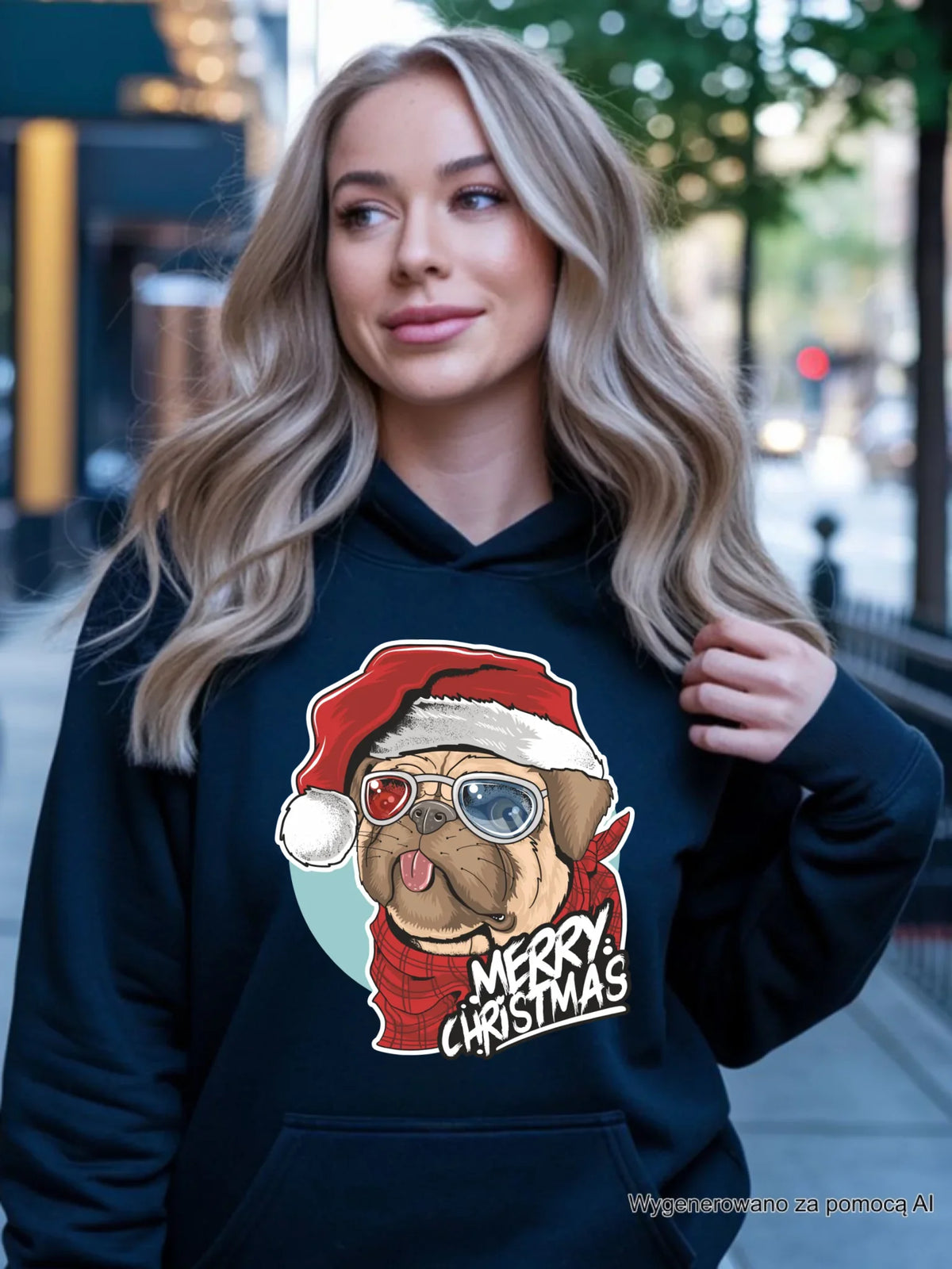 Bluza damska z kapturem świąteczna - Mops Merry Christmas BN62