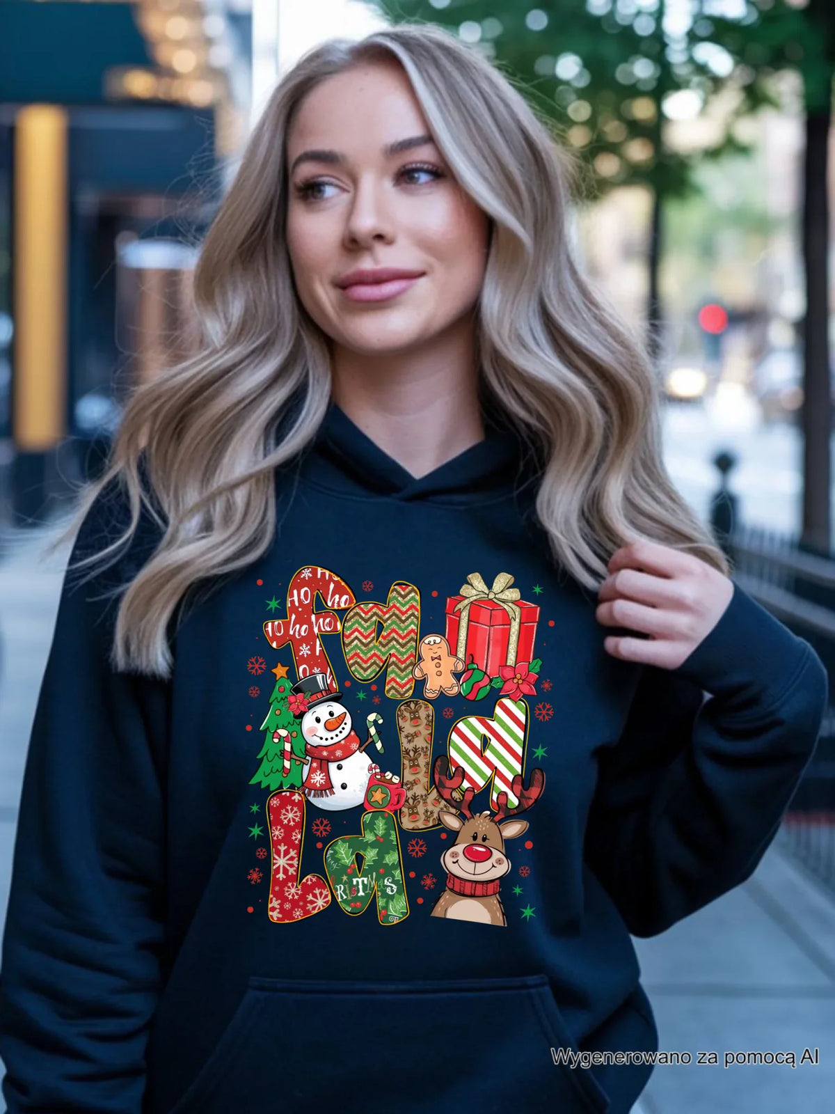 Bluza damska z kapturem świąteczna - Fa la la BN71