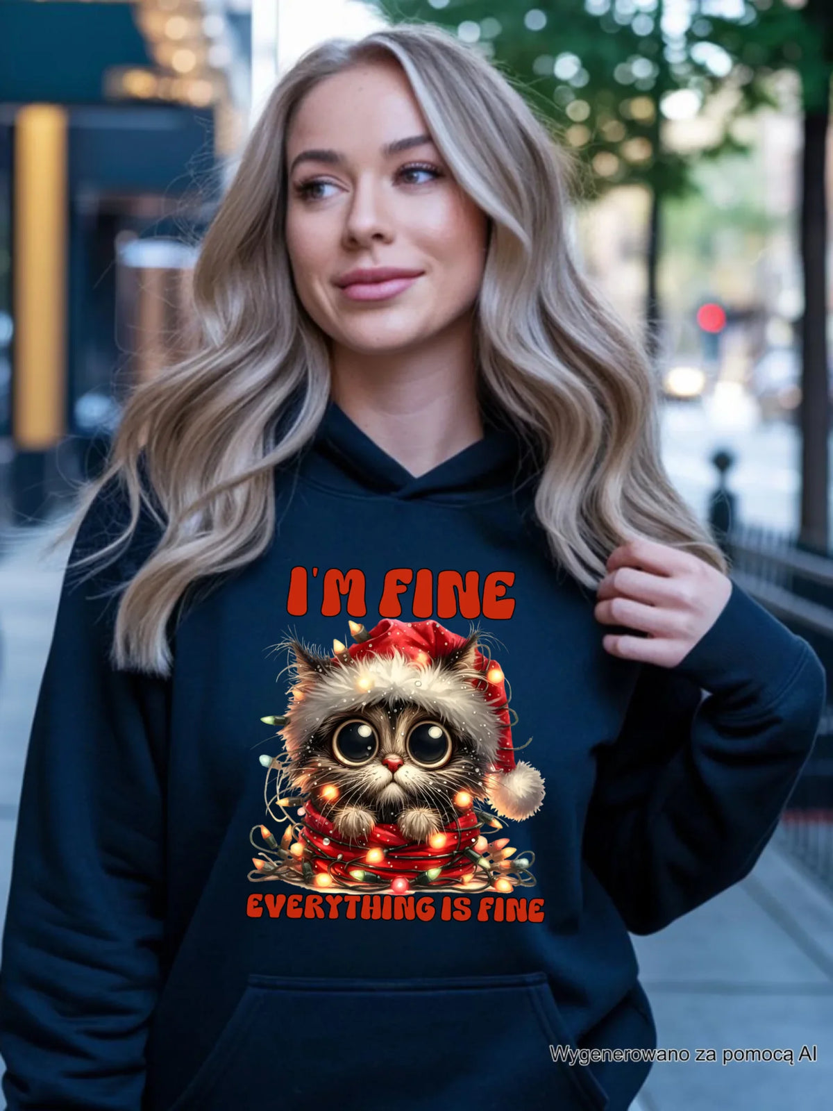 Bluza damska z kapturem świąteczna - Kotek I'm fine everything is fine BN67
