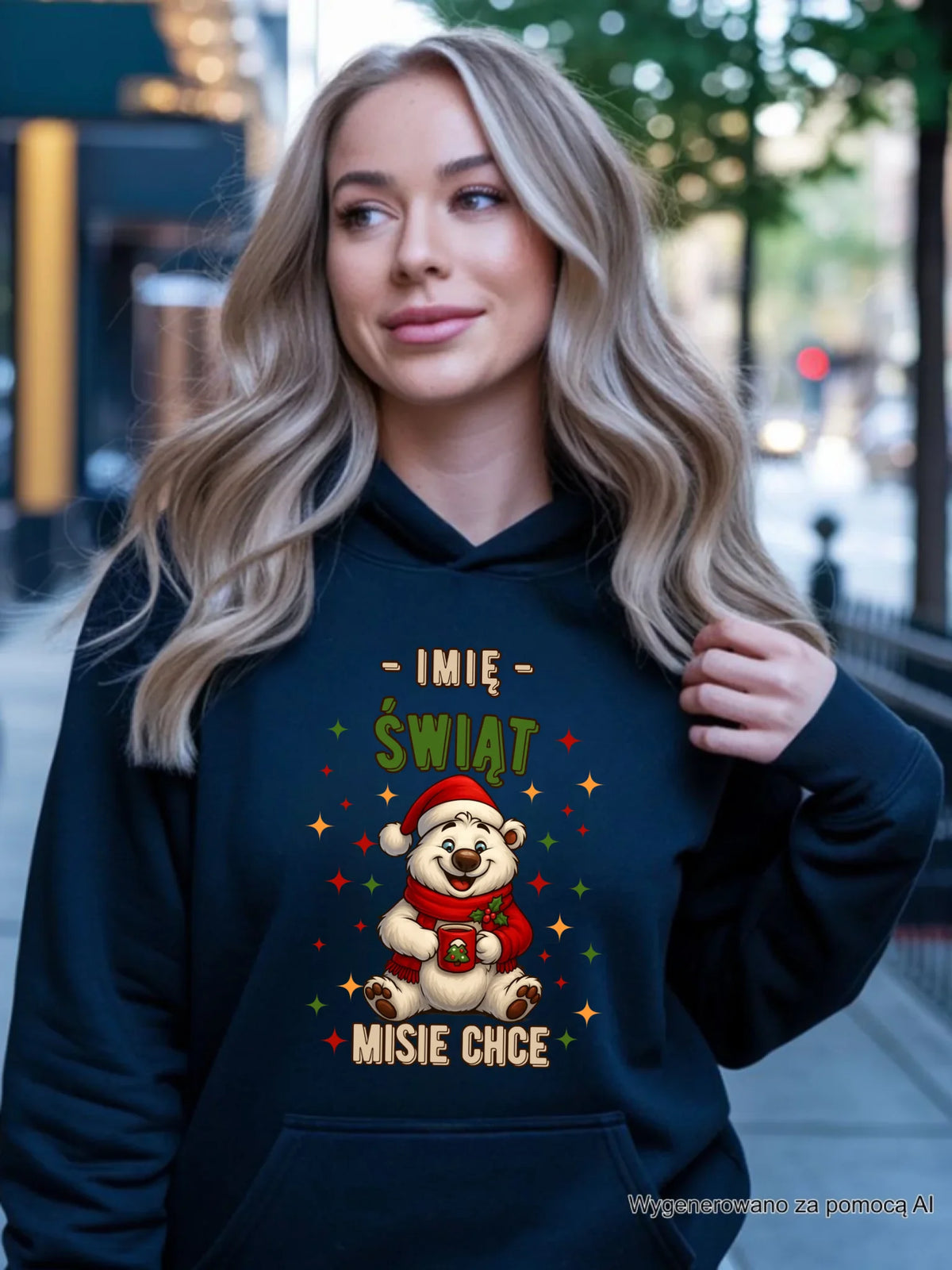 Bluza damska z kapturem świąteczna - Misiek Świąt misie chce - personalizowana BN86