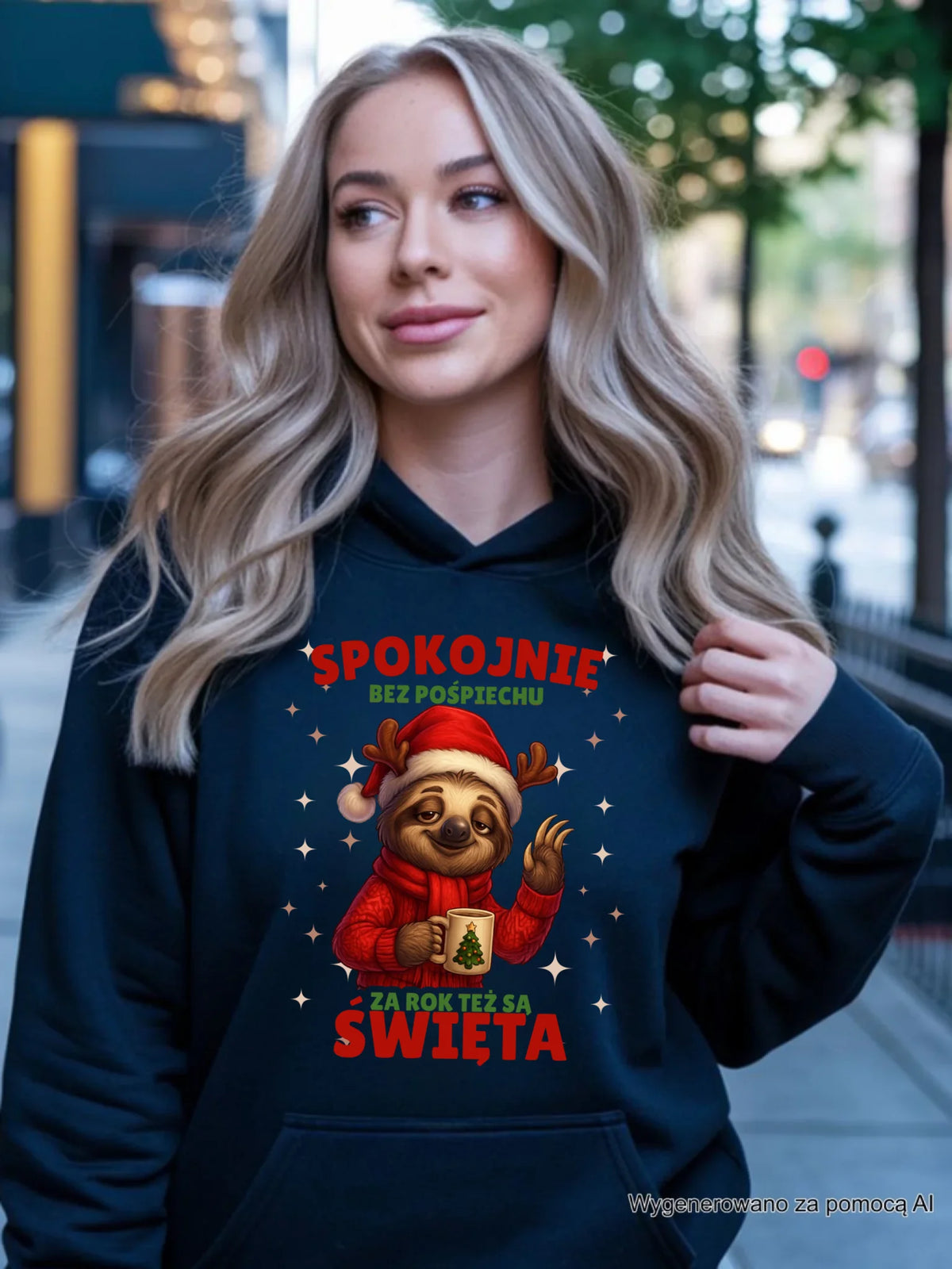 Bluza damska z kapturem świąteczna - Leniwiec Za rok też są święta BN92
