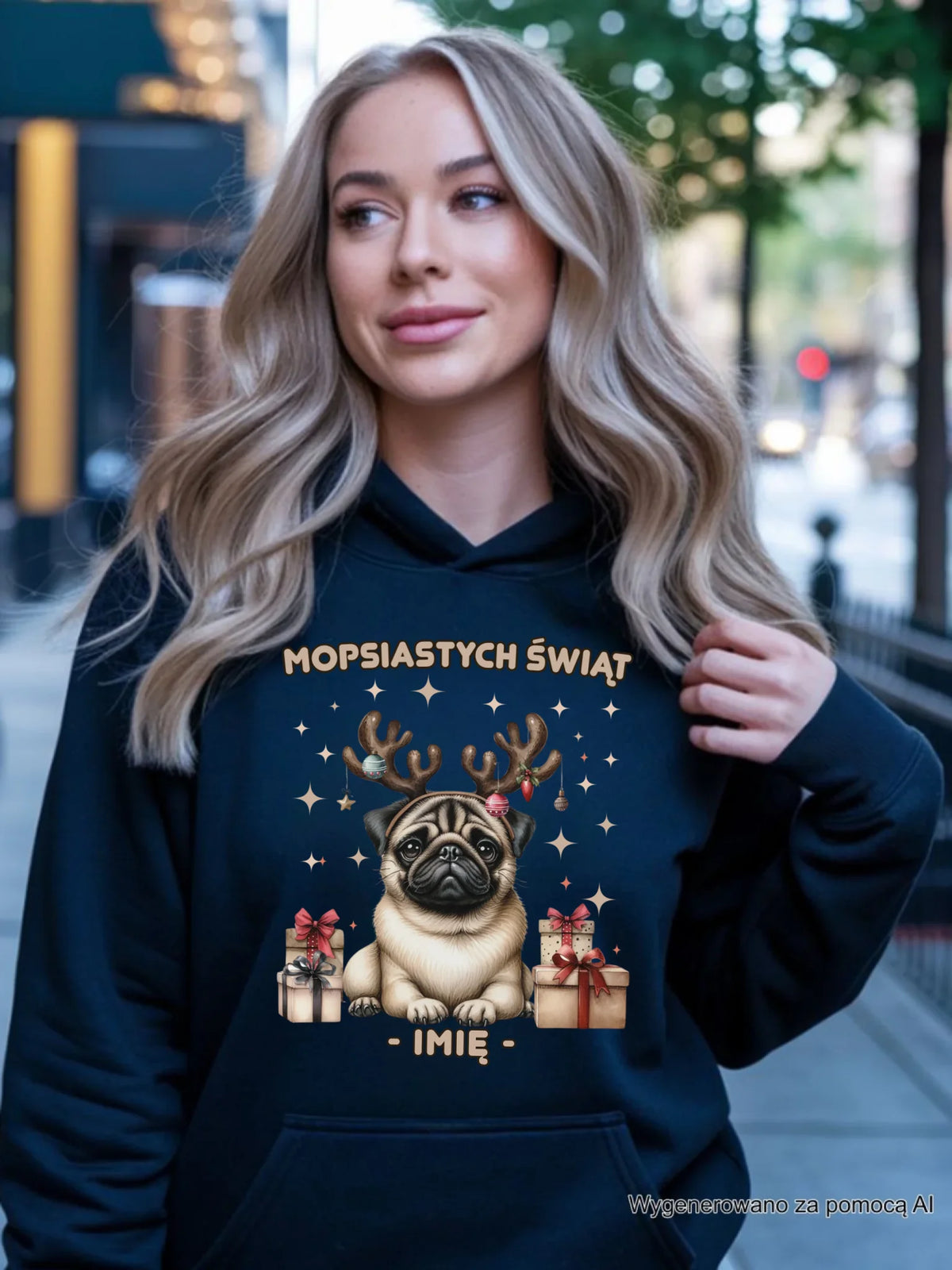 Bluza damska z kapturem świąteczna - Mops Mopsiastych świąt - personalizowana BN91