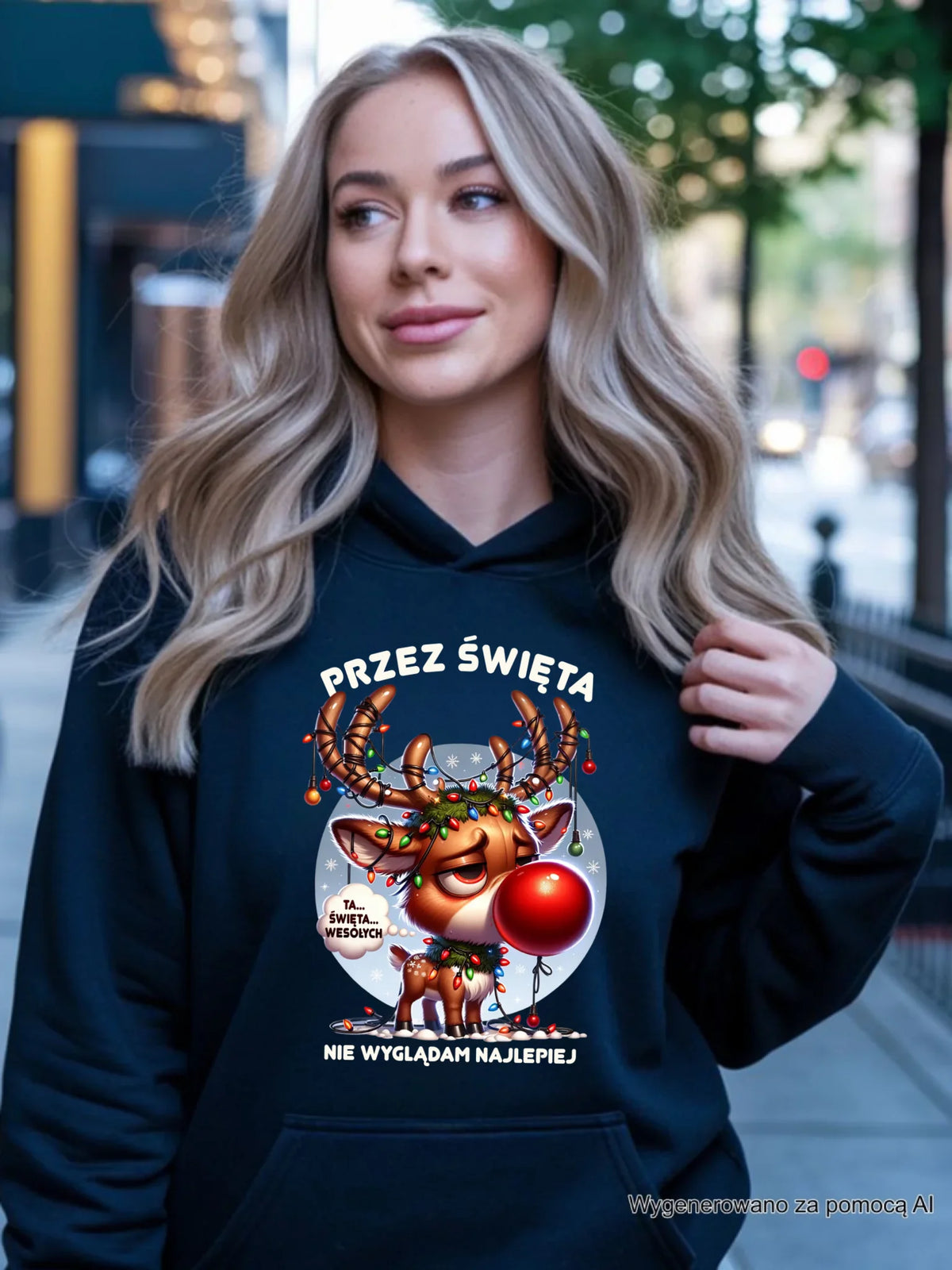Bluza damska z kapturem świąteczna - Renifer Przez święta nie wyglądam najlepiej BN98