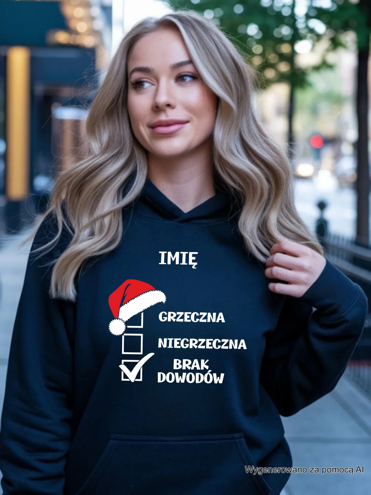 Bluza damska z kapturem świąteczna - Grzeczna niegrzeczna brak dowodów - personalizowana BN147