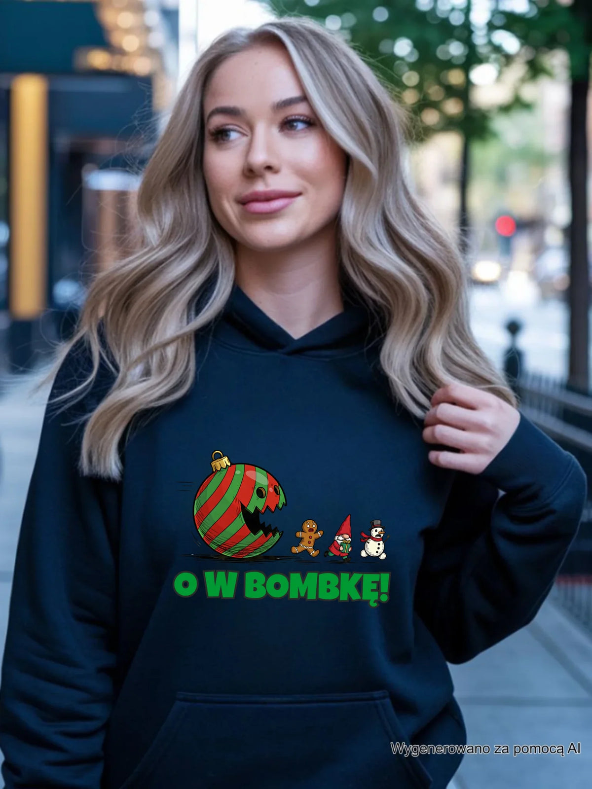 Bluza damska z kapturem świąteczna - O w bombkę BN142