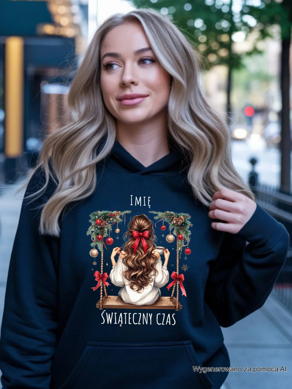 Bluza damska z kapturem świąteczna - Dziewczyna na huśtawce - Świąteczny czas - personalizowana BN105