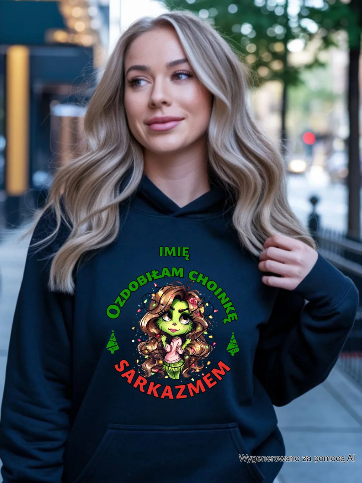 Bluza damska z kapturem świąteczna - Grinch - Ozdobiłam choinkę sarkazmem - personalizowana BN115