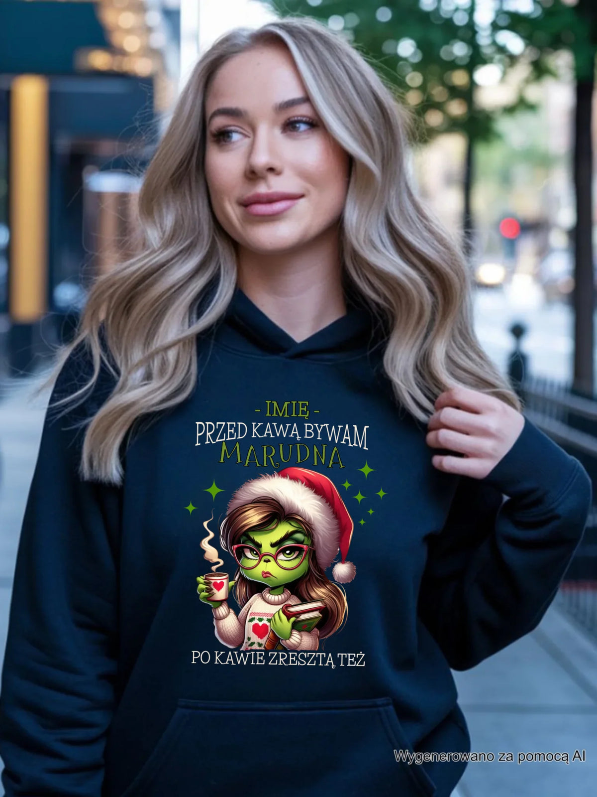Bluza damska z kapturem świąteczna - Grinch - Przed kawą bywam marudna - personalizowana BN116