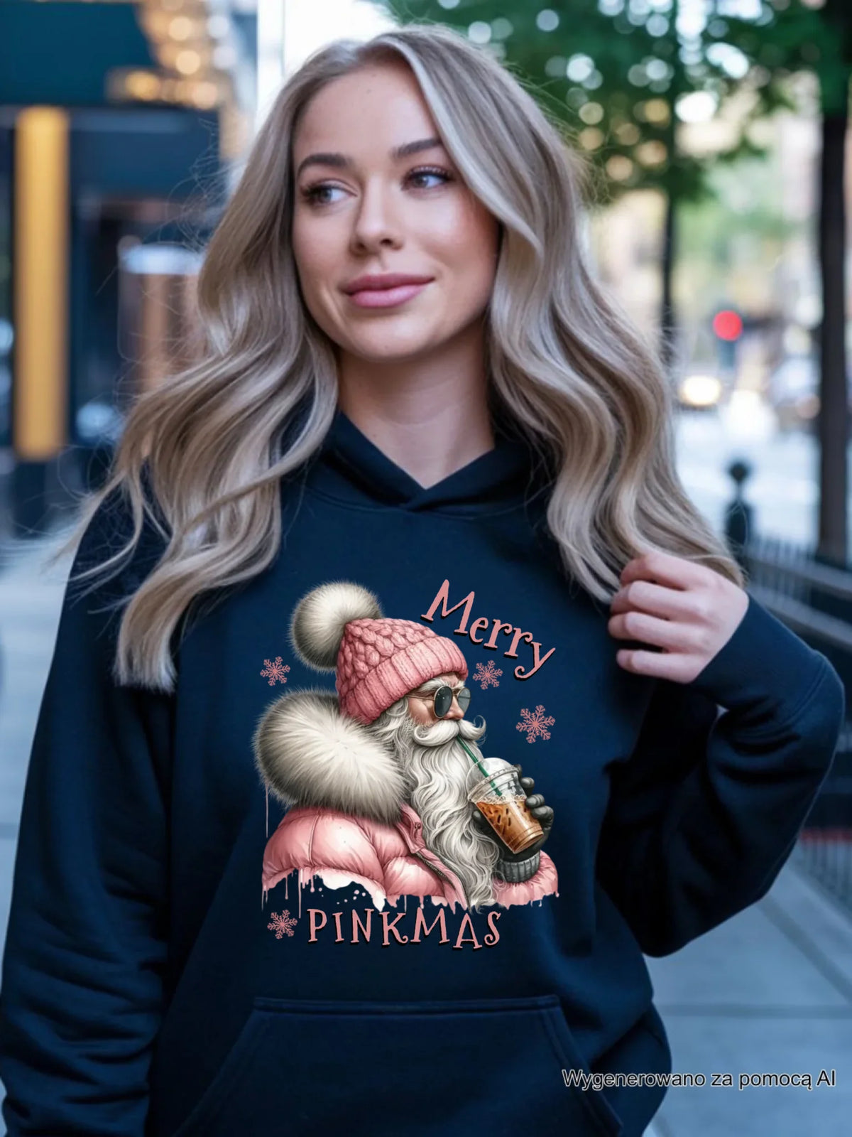 Bluza damska z kapturem świąteczna - Różowe Święta - Merry pinkmas BN117