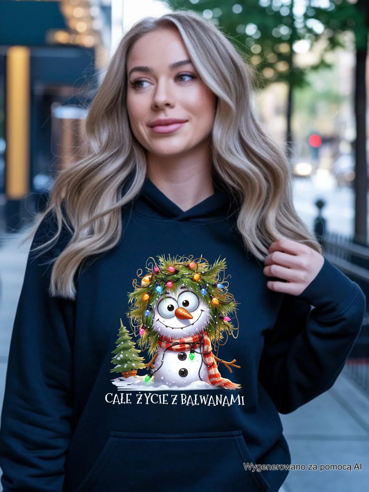 Bluza damska z kapturem świąteczna - Całe życie z bałwanami BN125