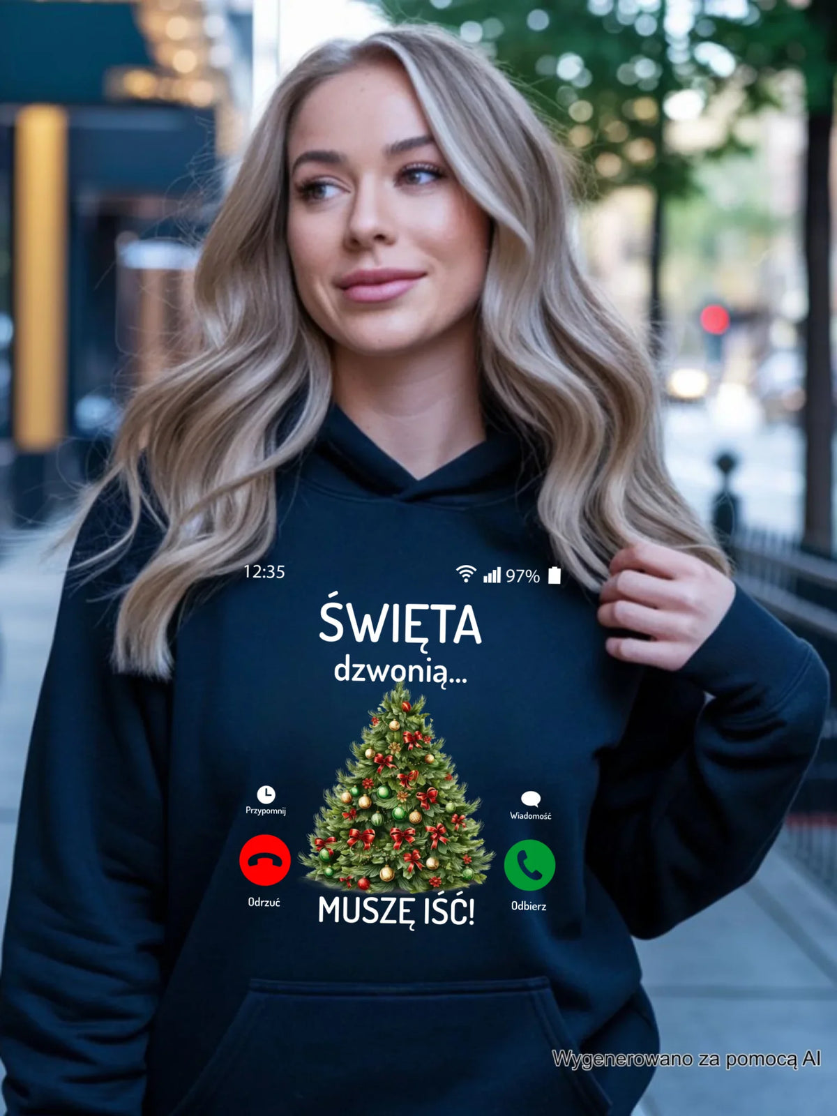 Bluza damska z kapturem świąteczna - Choinka Święta dzwonią muszę iść BN124