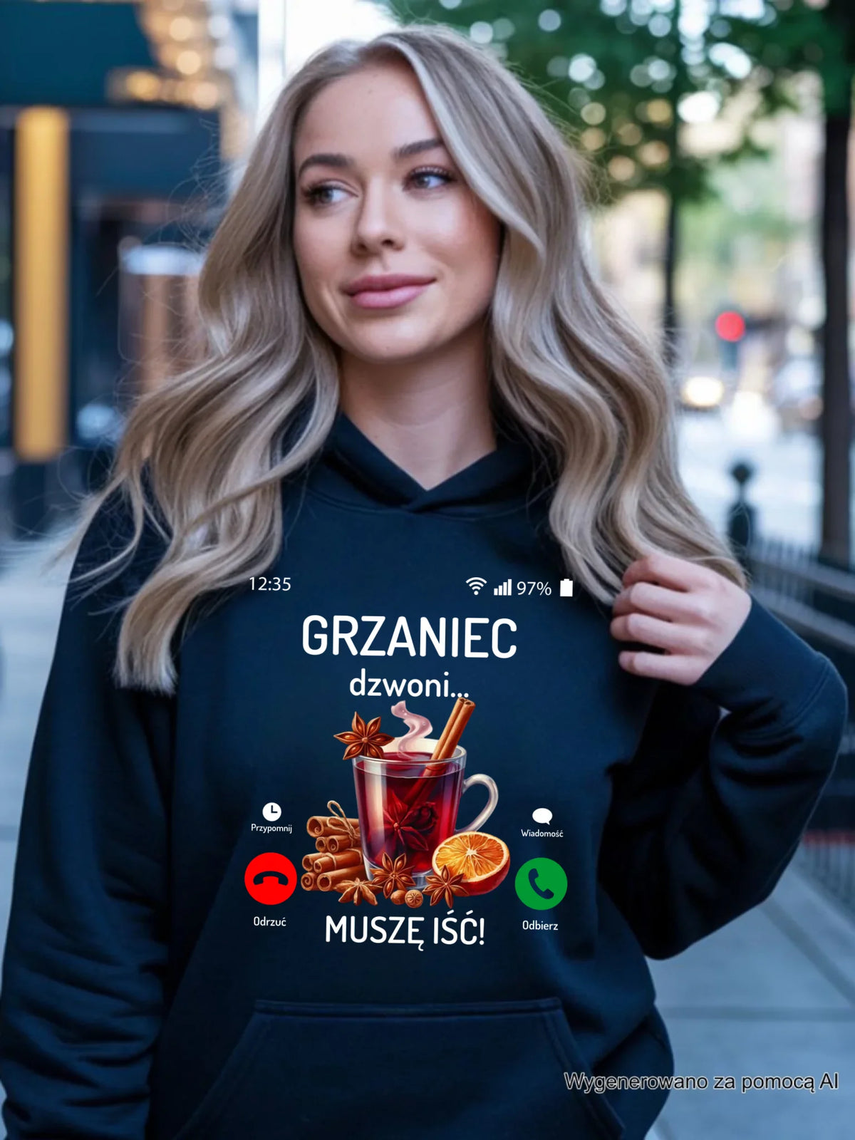 Bluza damska z kapturem świąteczna - Grzaniec dzwoni, muszę iść BN127