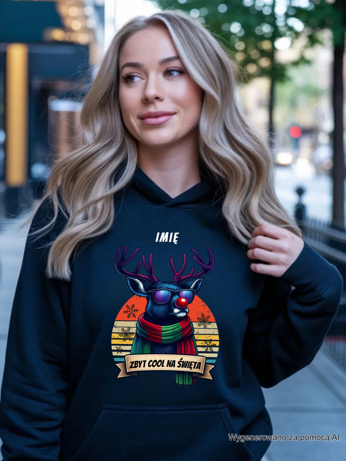 Bluza damska z kapturem świąteczna z reniferem - Zbyt cool na święta - personalizowana BN128